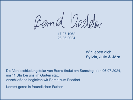 Traueranzeige von Bernd Vedder von Recklinghäuser Zeitung