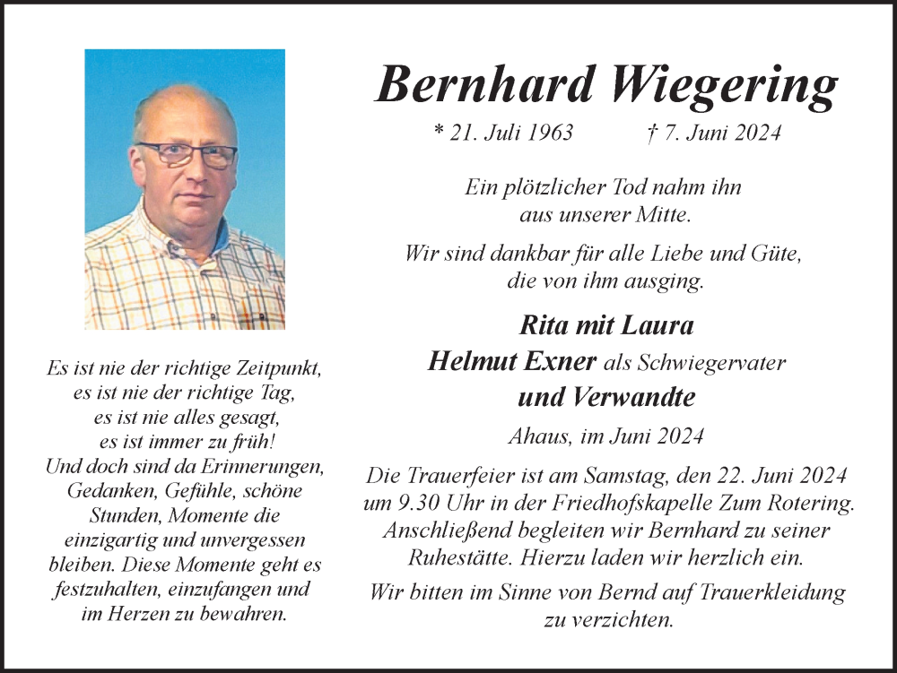  Traueranzeige für Bernhard Wiegering vom 15.06.2024 aus Münsterland Zeitung