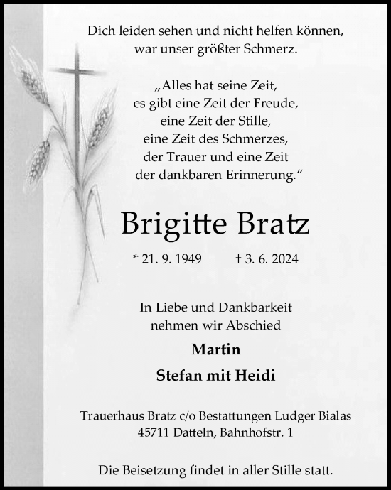 Traueranzeige von Brigitte Bratz 