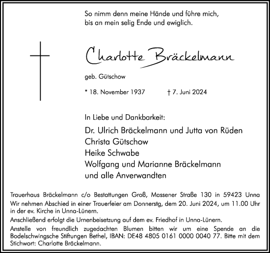 Traueranzeige von Charlotte Bräckelmann von Hellweger Anzeiger
