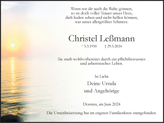 Traueranzeige von Christel Leßmann von Ruhr Nachrichten und Dorstener Zeitung