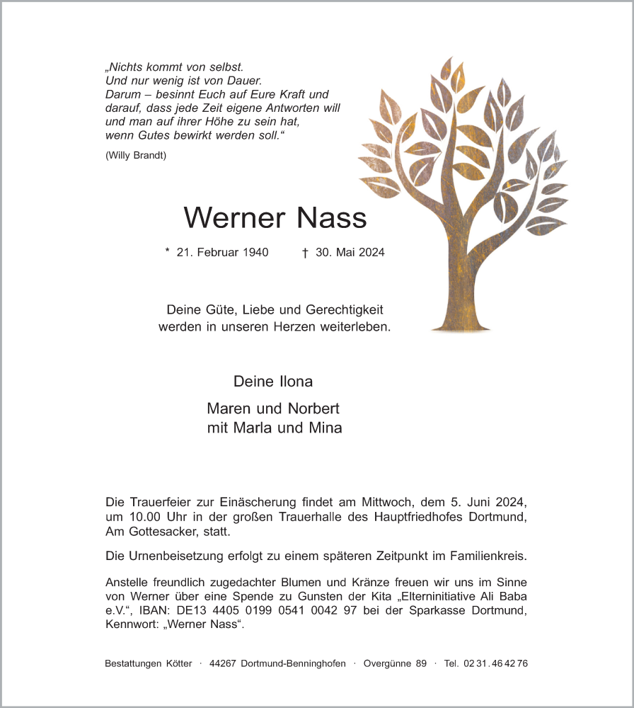  Traueranzeige für Werner Nass vom 01.06.2024 aus Ruhr Nachrichten