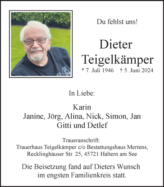 Traueranzeige von Dieter Teigelkämper von Ruhr Nachrichten und Halterner Zeitung