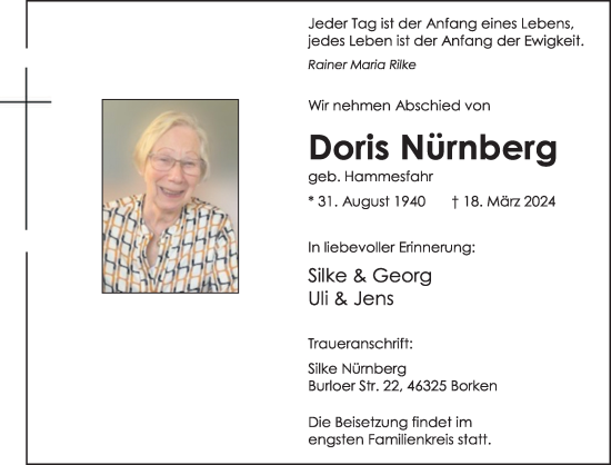 Traueranzeige von Doris Nürnberg von Bocholter-Borkener Volksblatt