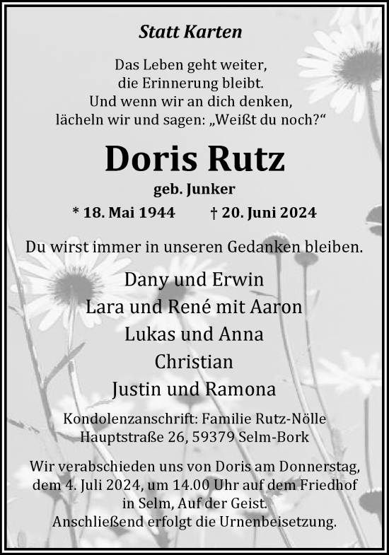 Traueranzeige von Doris Rutz von Ruhr Nachrichten