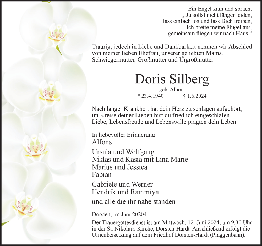  Traueranzeige für Doris Silberg vom 08.06.2024 aus Ruhr Nachrichten und Dorstener Zeitung