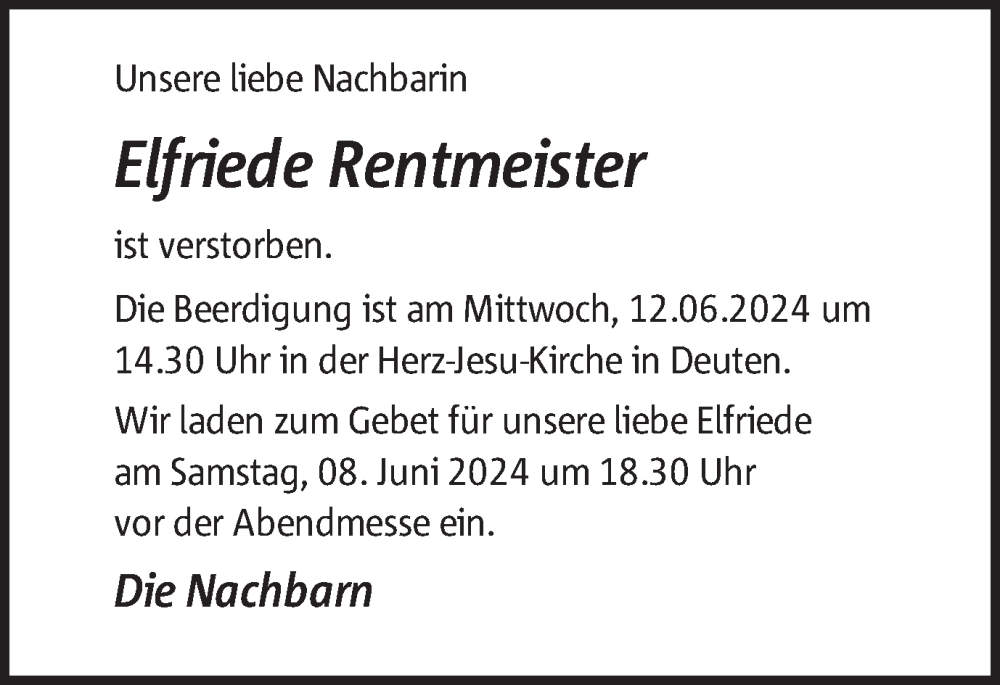  Traueranzeige für Elfriede Rentmeister vom 08.06.2024 aus Ruhr Nachrichten und Dorstener Zeitung