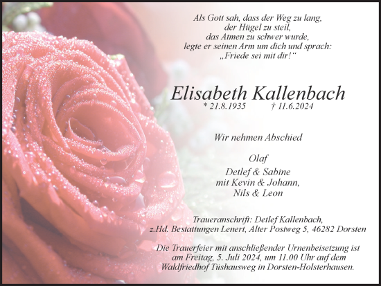 Traueranzeige von Elisabeth Kallenbach von Ruhr Nachrichten und Dorstener Zeitung