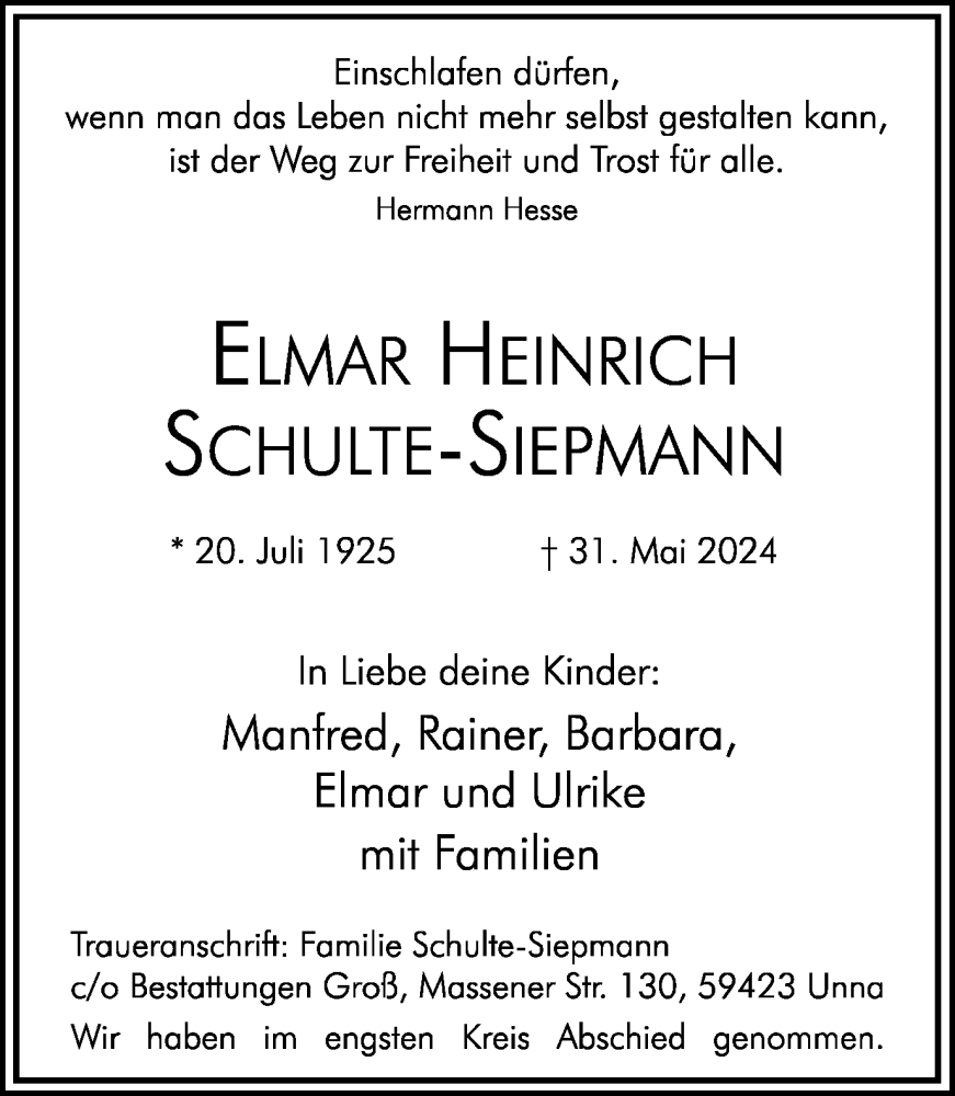  Traueranzeige für Elmar Heinrich Schulte-Siepmann vom 29.06.2024 aus Hellweger Anzeiger