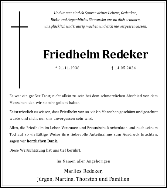 Traueranzeige von Friedhelm Redeker von Recklinghäuser Zeitung
