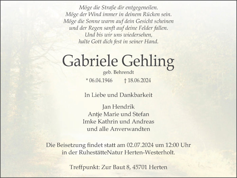  Traueranzeige für Gabriele Gehling vom 26.06.2024 aus Recklinghäuser Zeitung