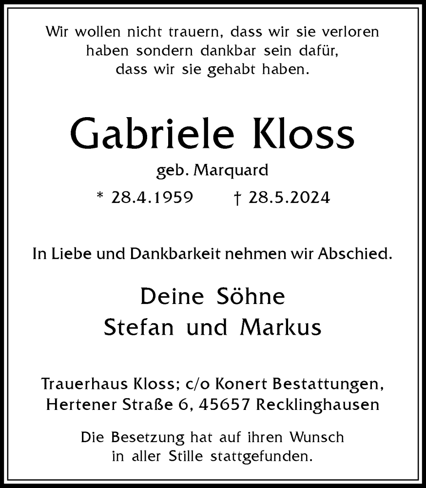  Traueranzeige für Gabriele Kloss vom 15.06.2024 aus Medienhaus Bauer