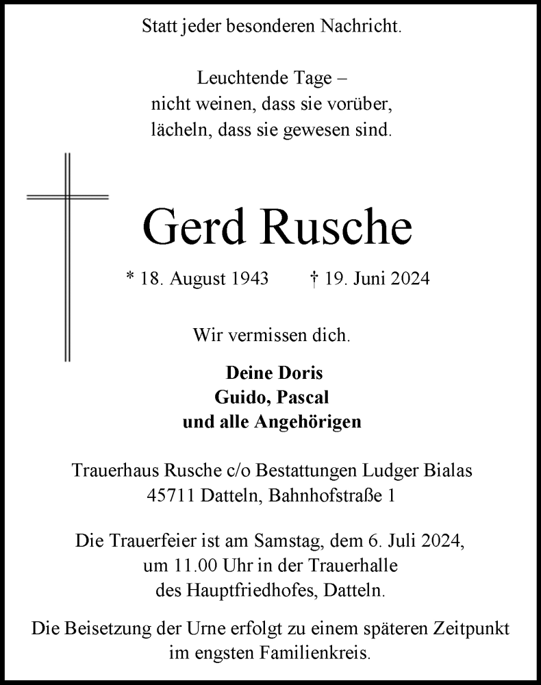  Traueranzeige für Gerd Rusche vom 29.06.2024 aus Recklinghäuser Zeitung