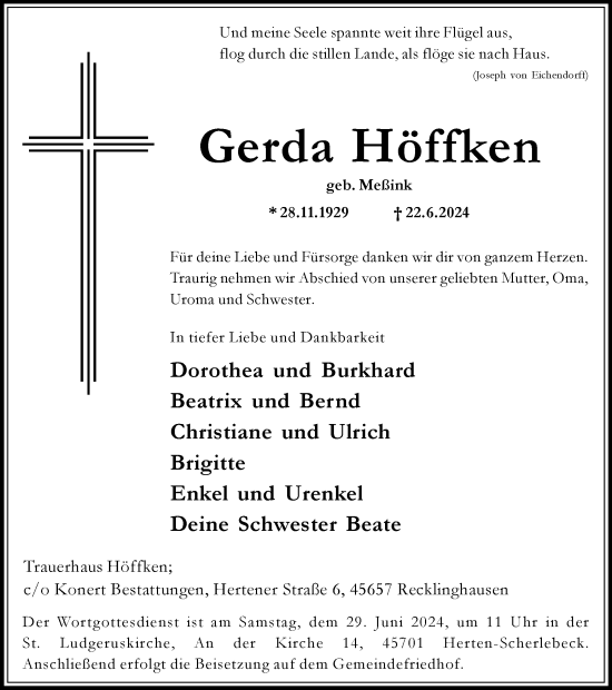 Traueranzeige von Gerda Höffken von Recklinghäuser Zeitung