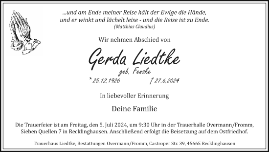 Traueranzeige von Gerda Liedtke von Recklinghäuser Zeitung
