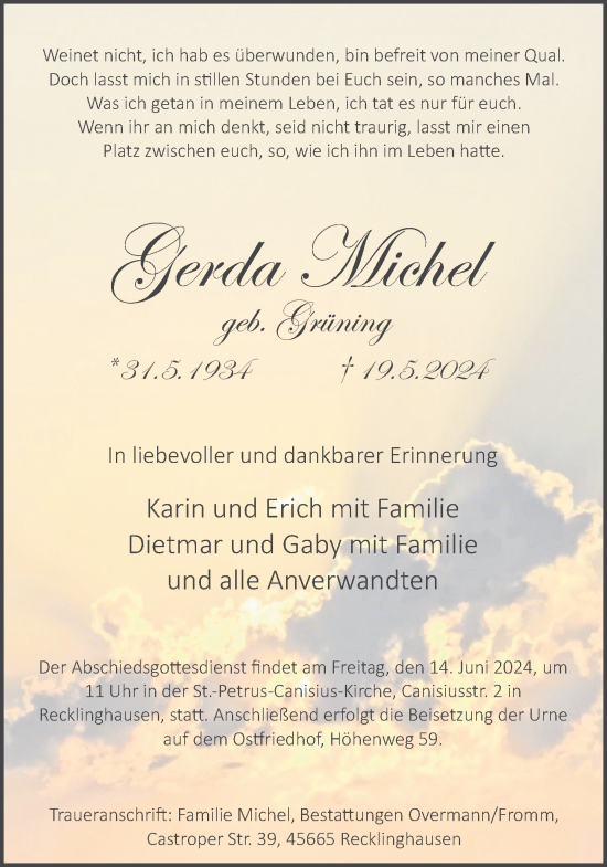 Traueranzeige von Gerda Michel von Medienhaus Bauer