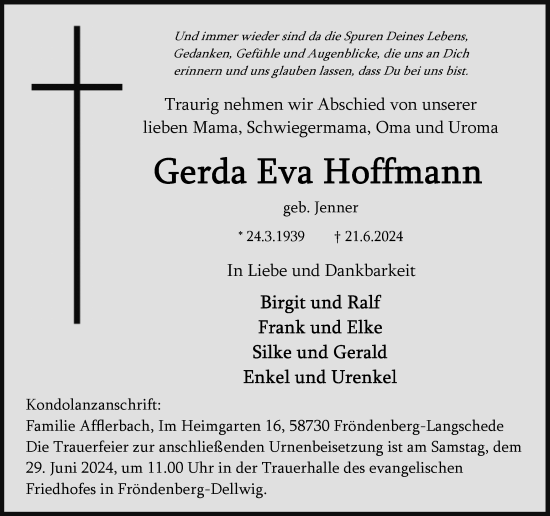 Traueranzeige von Gerda Eva Hoffmann von Hellweger Anzeiger