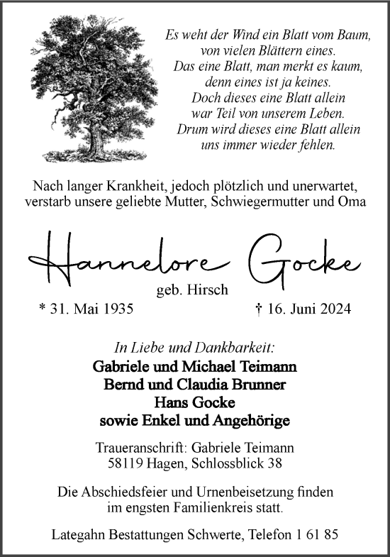 Traueranzeige von Hannelore Gocke von Ruhr Nachrichten