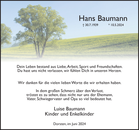 Traueranzeige von Hans Baumann von Ruhr Nachrichten und Dorstener Zeitung