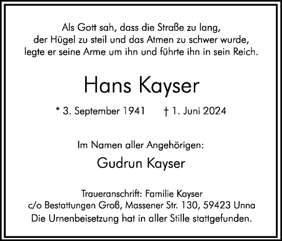 Traueranzeige von Hans Kayser von Hellweger Anzeiger