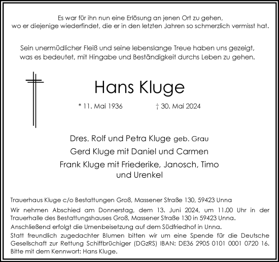 Traueranzeige von Hans Kluge von Hellweger Anzeiger