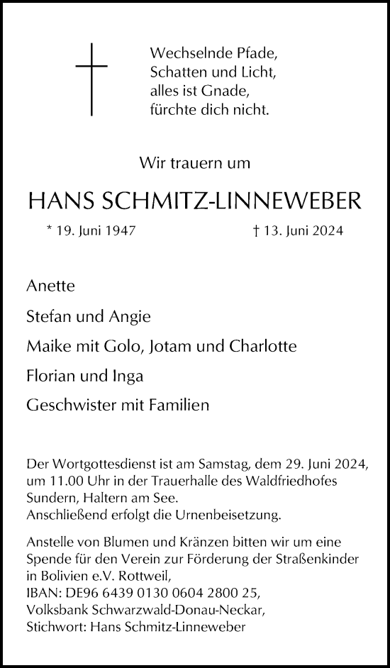 Traueranzeige von Hans Schmitz-Linneweber von Ruhr Nachrichten und Halterner Zeitung