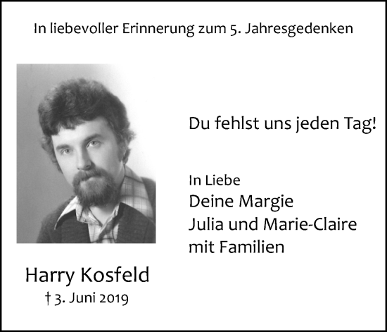 Traueranzeige von Harry Kosfeld von Medienhaus Bauer