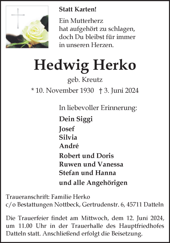 Traueranzeige von Hedwig Herko von Medienhaus Bauer