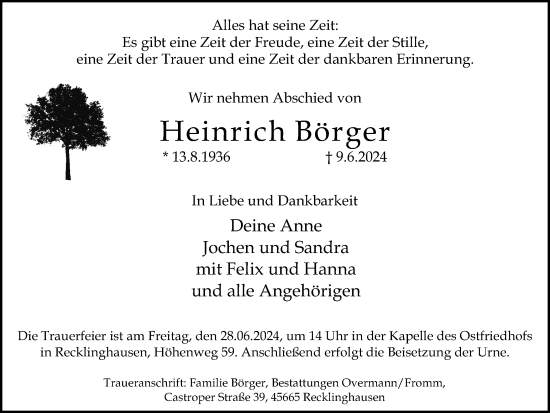 Traueranzeige von Heinrich Börger von Recklinghäuser Zeitung