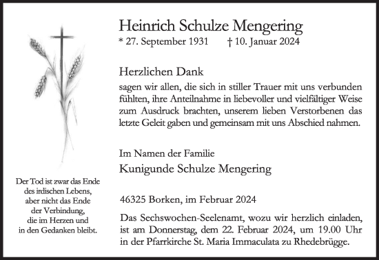 Traueranzeige von Heinrich Schulze Mengering von Bocholter-Borkener Volksblatt