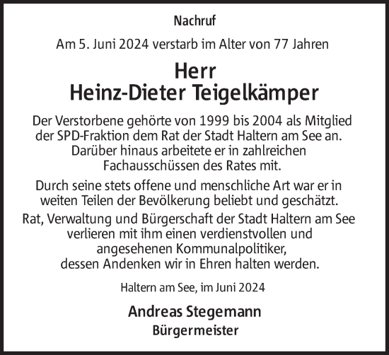 Traueranzeige von Heinz-Dieter Teigelkämper von Ruhr Nachrichten und Halterner Zeitung