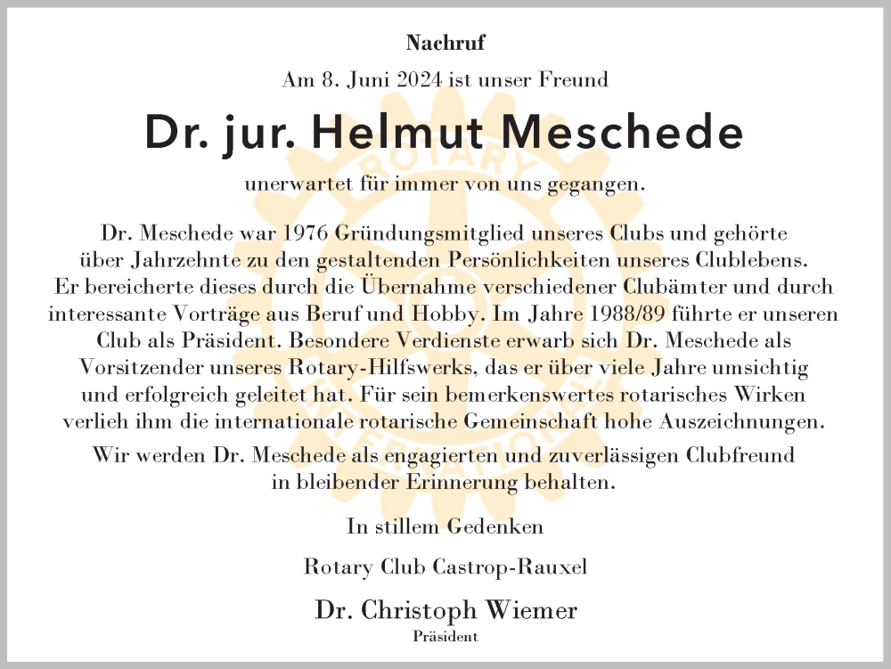  Traueranzeige für Helmut Meschede vom 11.06.2024 aus Ruhr Nachrichten