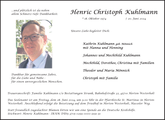 Traueranzeige von Henric Christoph Kuhlmann von Recklinghäuser Zeitung