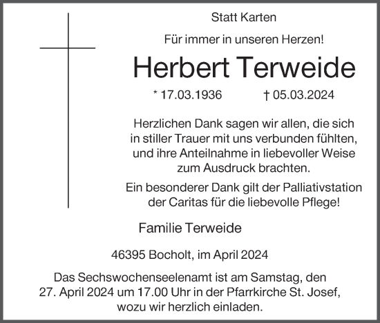 Traueranzeige von Herbert Terweide von Bocholter-Borkener Volksblatt