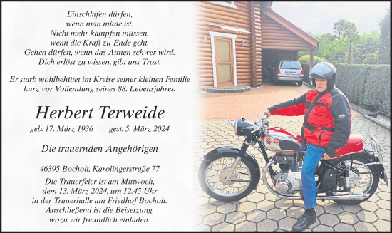 Traueranzeige von Herbert Terweide von Bocholter-Borkener Volksblatt