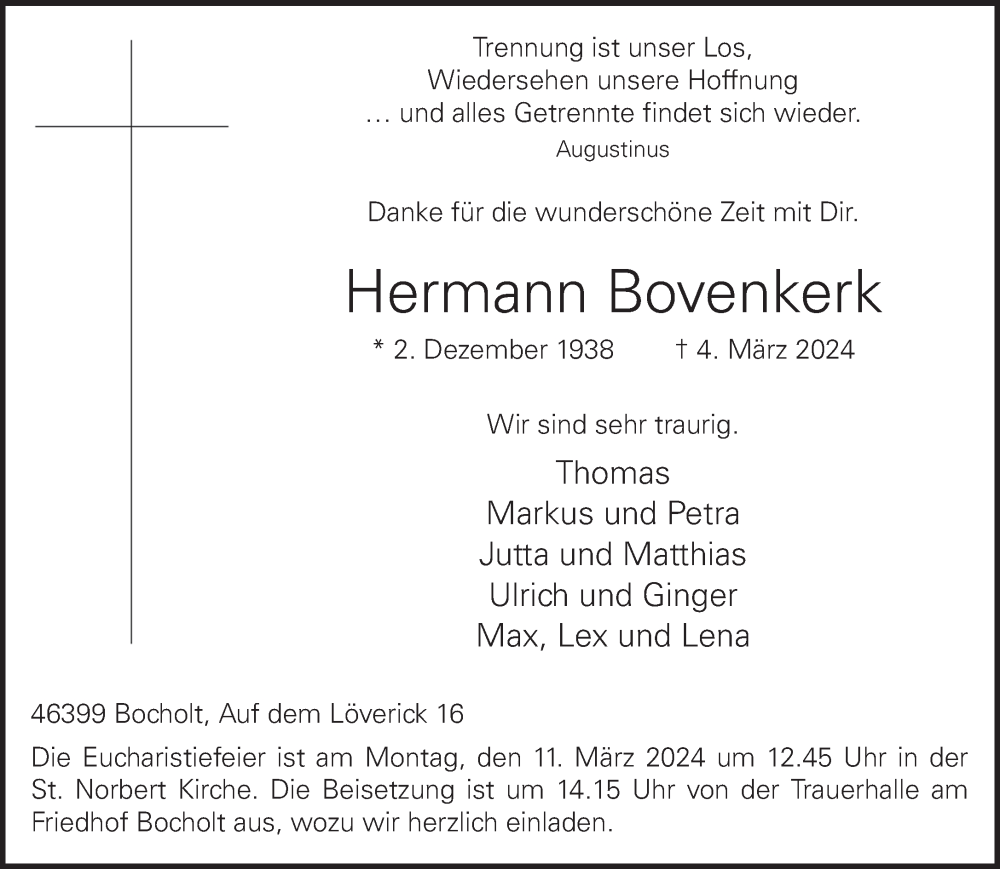 Traueranzeige für Hermann Bovenkerk vom 06.03.2024 aus Bocholter-Borkener Volksblatt