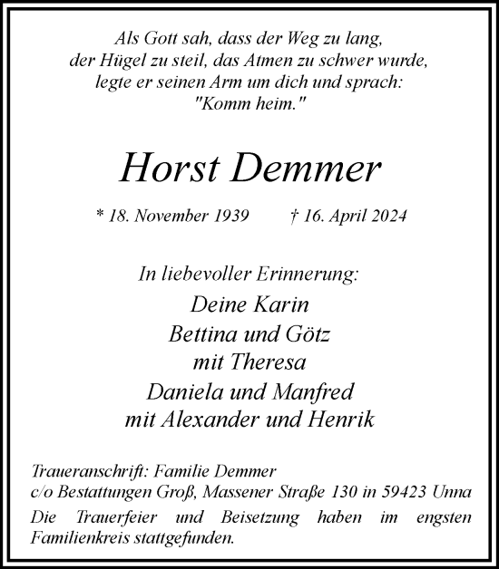Traueranzeige von Horst Demmer von Hellweger Anzeiger