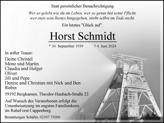 Traueranzeige von Horst Schmidt von Hellweger Anzeiger