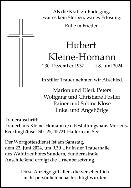 Traueranzeige von Hubert Kleine-Homann von Ruhr Nachrichten und Halterner Zeitung