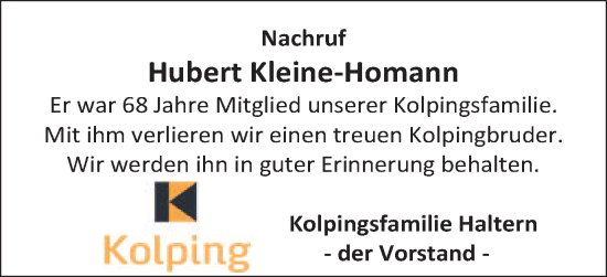 Traueranzeige von Hubert Kleine-Homann von Ruhr Nachrichten und Halterner Zeitung