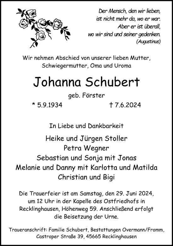 Traueranzeige von Johanna Schubert von Recklinghäuser Zeitung