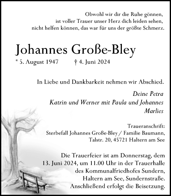 Traueranzeige von Johannes Große-Bley