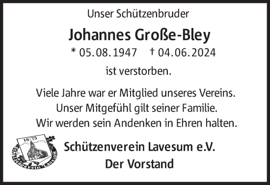 Traueranzeige von Johannes Große-Bley von Ruhr Nachrichten und Halterner Zeitung