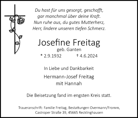 Traueranzeige von Josefine Freitag von Recklinghäuser Zeitung
