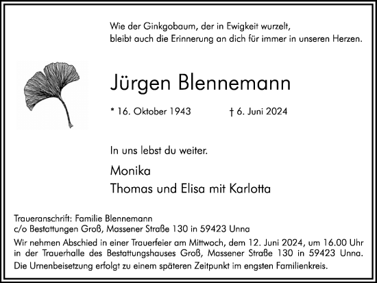 Traueranzeige von Jürgen Blennemann von Hellweger Anzeiger