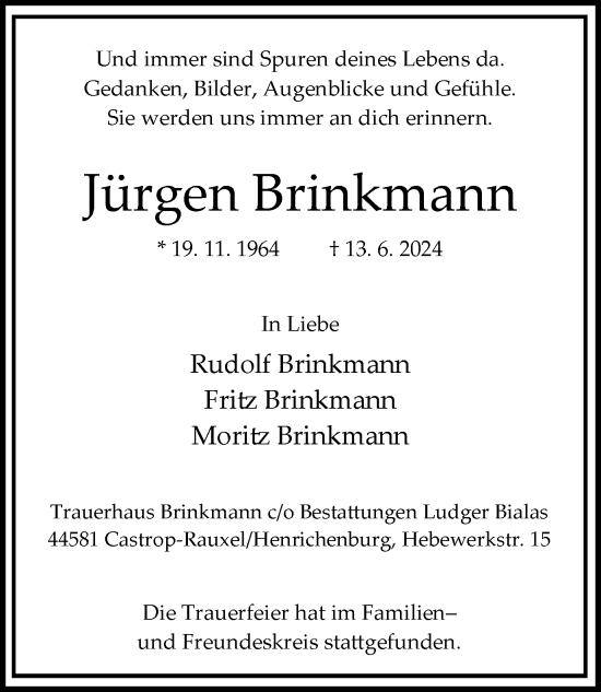 Traueranzeige von Jürgen Brinkmann von Stadtanzeiger Castrop-Rauxel