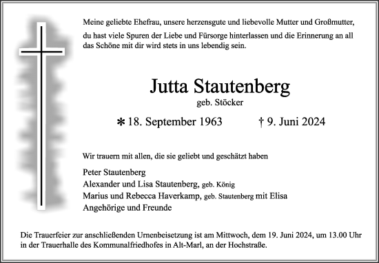 Traueranzeige von Jutta Stautenberg von Medienhaus Bauer