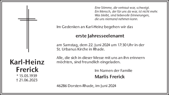 Traueranzeige von Karl-Heinz Frerick von Ruhr Nachrichten und Dorstener Zeitung