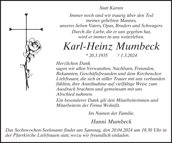 Traueranzeige von Karl-Heinz Mumbeck von Bocholter-Borkener Volksblatt