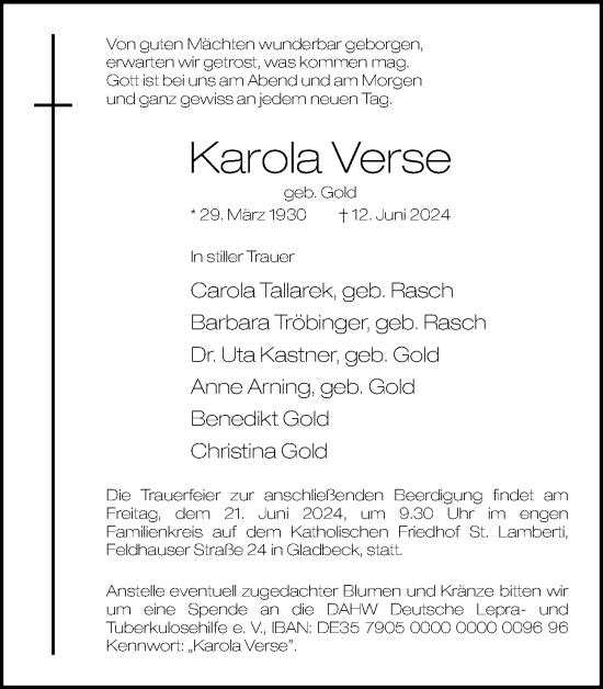 Traueranzeige von Karola Verse von Ruhr Nachrichten und Halterner Zeitung